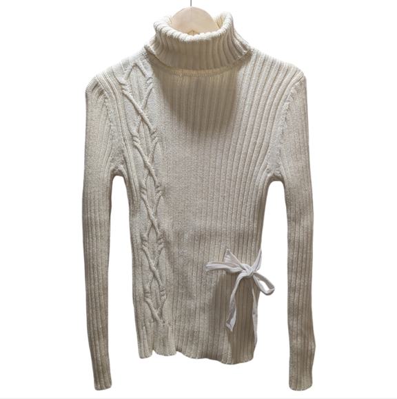 Sundance Legends rib knit side tie turtleneck sweater, ivory cream, size M - Picture 2 of 9